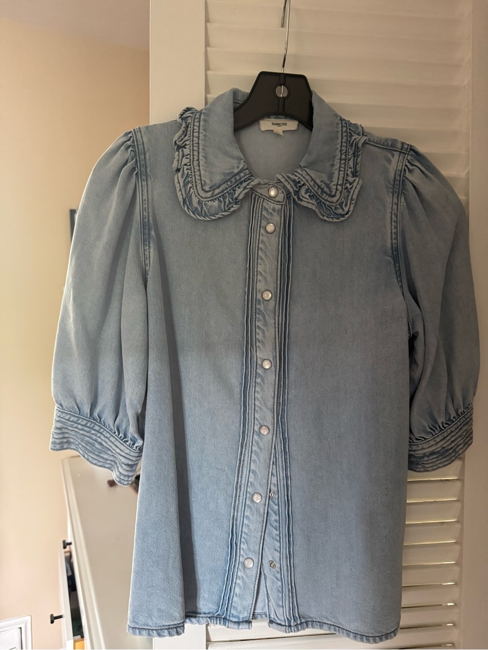 Suncoo Paris Liette Denim Blouse Ruffle Collar Light Wash Size 0